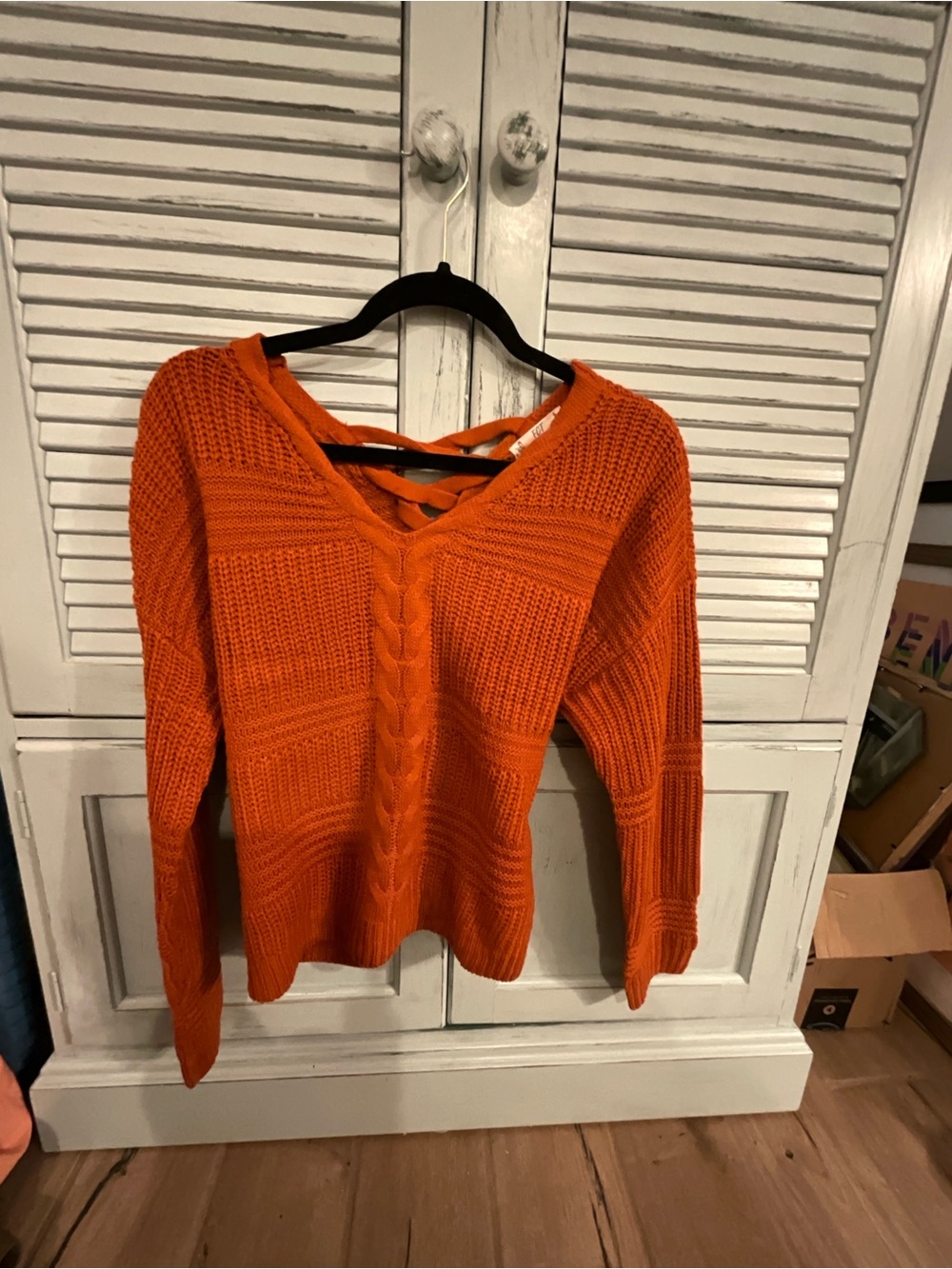 Women’s V-Neck Cable Knit Sweater with Back Strap - Orange